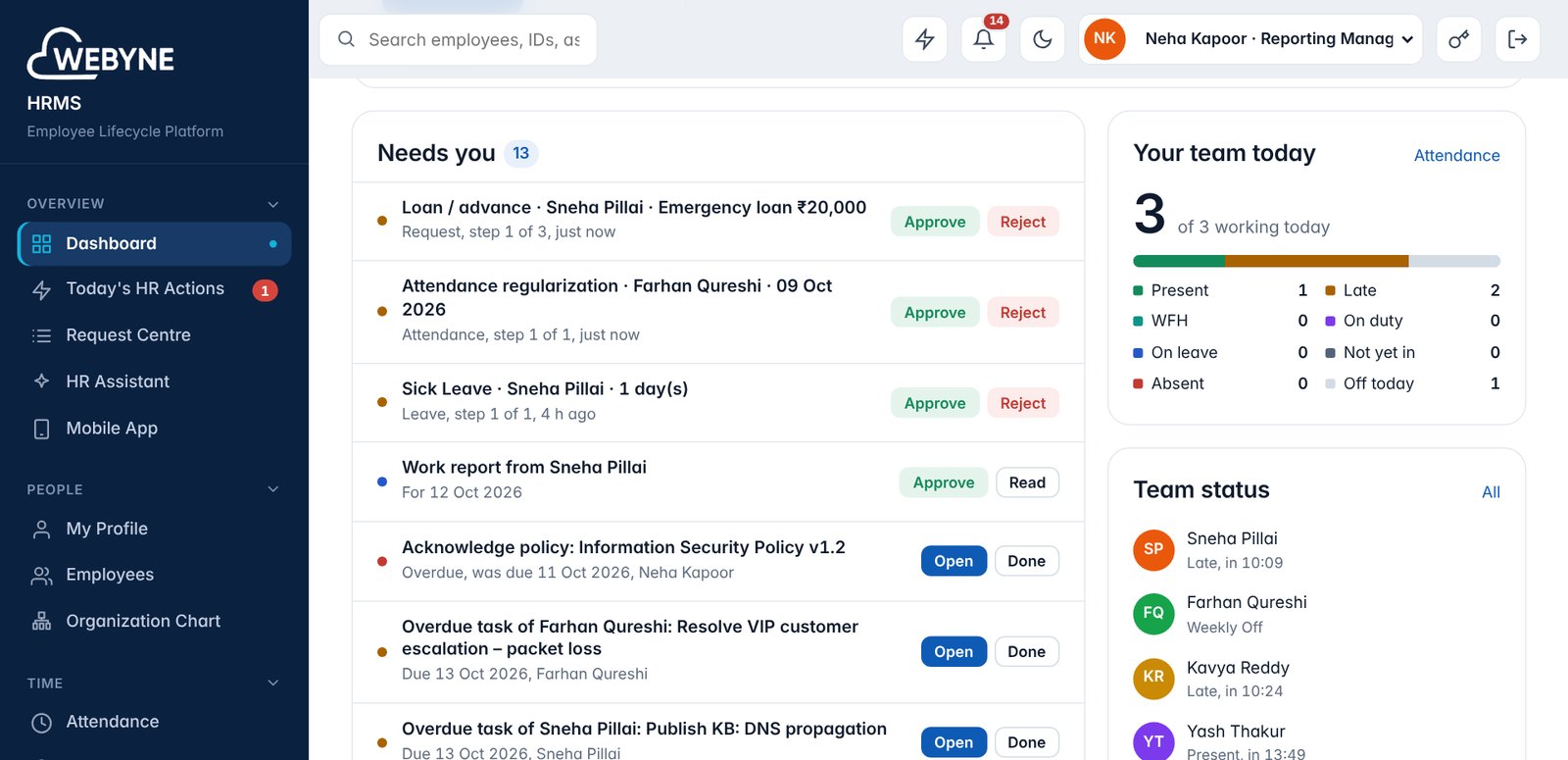 Webyne HRMS dashboard with approvals waiting, team attendance and status for today