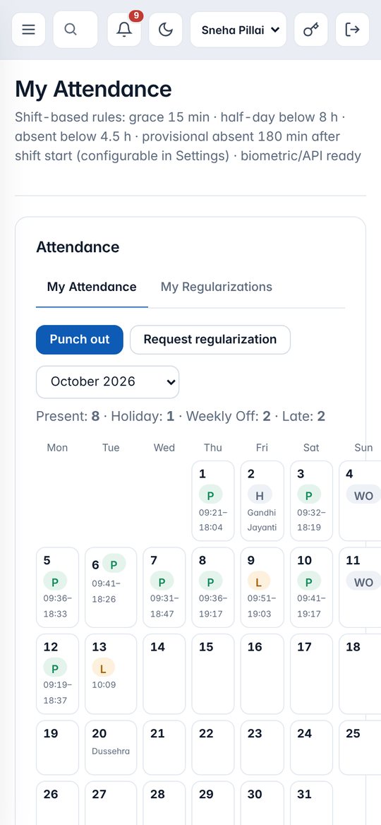 Monthly attendance calendar on a phone